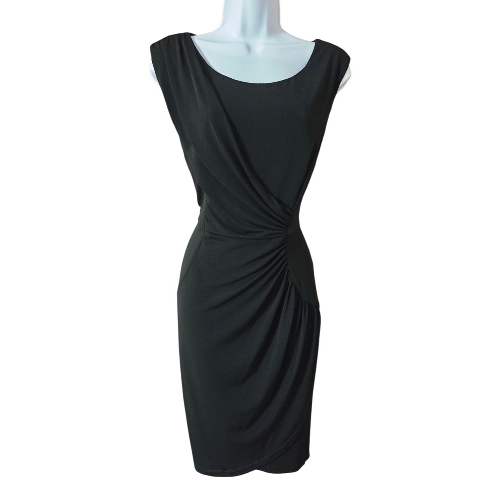 Connected Apparel Petite Black Ruched Sleeveless Midi Sheath Dress 14P